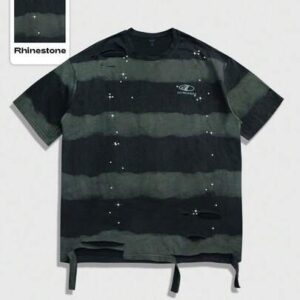Street Life Men Striped Print Contrast Color Round Neck Short Sleeve T-Shirt With Rhinestone Distressed Design, 2000s Style