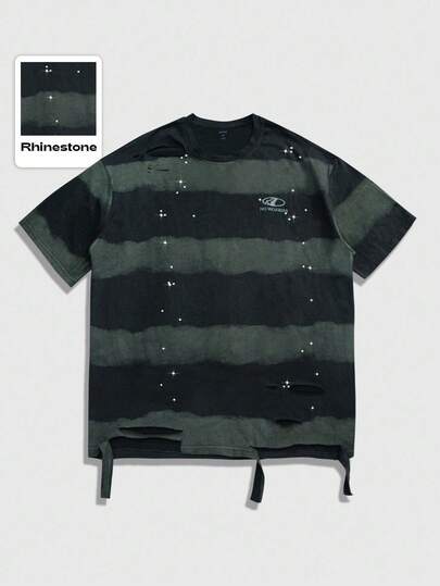 Street Life Men Striped Print Contrast Color Round Neck Short Sleeve T-Shirt With Rhinestone Distressed Design, 2000s Style