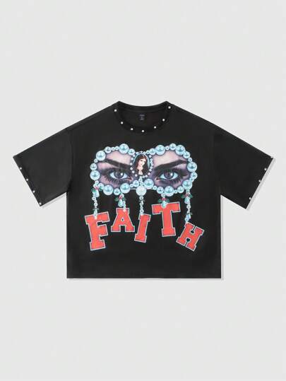 Street Life Oversized Men's Rhinestone Letter & Figure Graphic T-Shirt, Crew Neck