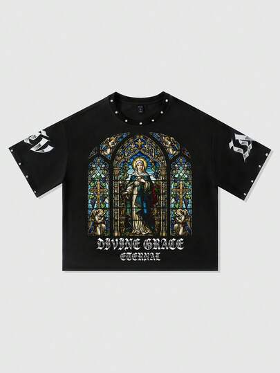 Street Life Rhinestone Print Loose Short Style T-Shirt For Men