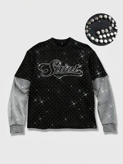 Street Life Spring Casual Graphic 2026 Spring, Autumn & Summer Men'S Casual Rhinestone Embellished Round Neck T-Shirt, Unisex Fashion Women'S Long Sleeve 2 In 1 Top