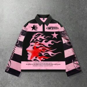 Street Life Spring Casual Graphic Pink Men'S Striped Collar Long Sleeve Printed T-Shirt, Casual College Style Top