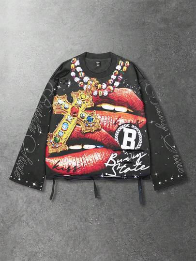 Street Life Spring Casual Graphic Vintage Street Style Distressed Saint Graphic Long Sleeve Crew Neck Men'S T-Shirt