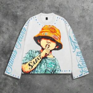 Street Life Spring Casual Graphic White Rhinestone Embellished Men'S Casual Street Punk Long Sleeve T-Shirt, Spring/Autumn
