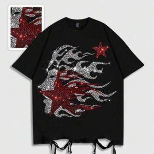 Street Life Spring/Summer Casual Graphic Men'S Black Distressed Fire Print Rhinestone Decor Round Neck Short Sleeve T-Shirt, Summer, 2000S Style