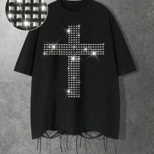 Street Life Spring/Summer Casual Graphic Men'S Casual Loose Fit Black T-Shirt With Cross & Rivet Pattern, Suitable For Daily Wear & Commuting, Summer