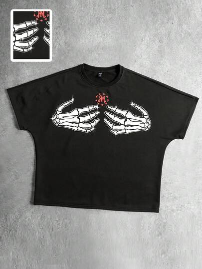 Street Life Spring/Summer Casual Graphic Men'S Crew Neck Letter & Skull Hand Print Casual Versatile Commuting Short Sleeve T-Shirt