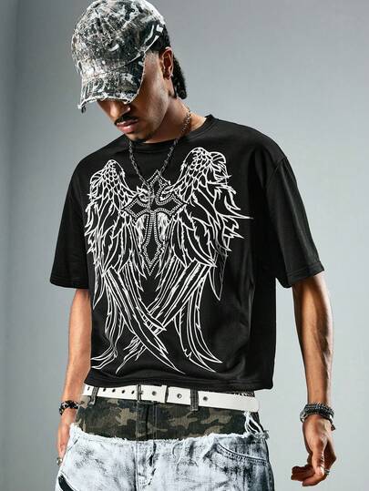 Street Life Spring/Summer Casual Graphic Men'S Cross & Wing Print Round Neck Casual Short Sleeve T-Shirt