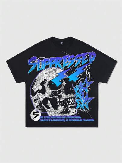 Street Life Spring/Summer Casual Graphic Men'S Loose Fit Lightning Skull & Pentagram Print Short Sleeve T-Shirt, Summer Vintage High Street Style, School