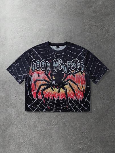 Street Life Spring/Summer Casual Graphic Men'S Slogan & Spider Print Casual Round Neck Short Sleeve T-Shirt, Loose Fit