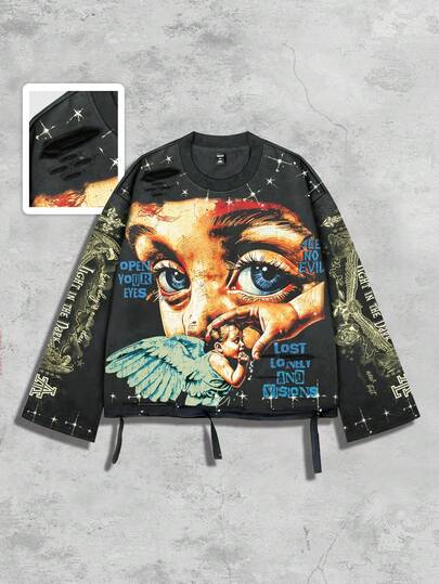 Street Life Vintage Street Style Distressed Saint Graphic Long Sleeve Crew Neck Men's T-Shirt