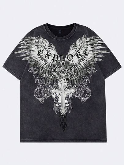 Summer Casual Graphic Men Gothic Style Washed Print Short Sleeve T-Shirt, Summer, Halloween