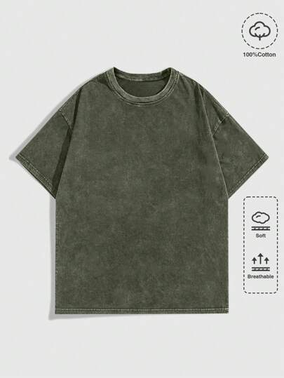Summer Casual Men'S Casual Washed Round Neck Short Sleeve T-Shirt, Summer, 2000S Style