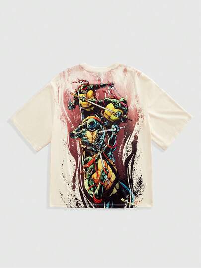 TEENAGE MUTANT NINJA TURTLES X ROMWE Men's Cartoon Turtle Graphic Round Neck Casual Short Sleeve T-Shirt