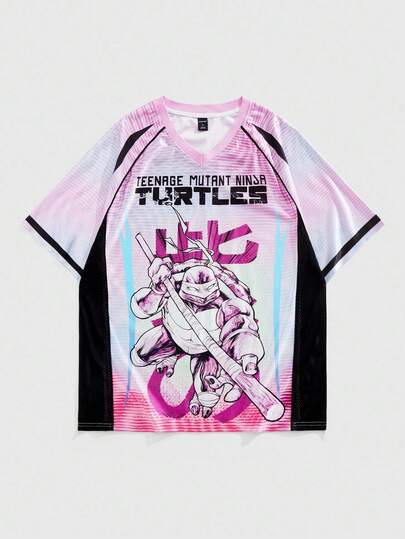 TEENAGE MUTANT NINJA TURTLES X ROMWE Men's Summer Cartoon And Slogan Graphic Ombre Colorblock Raglan Short Sleeve T-Shirt
