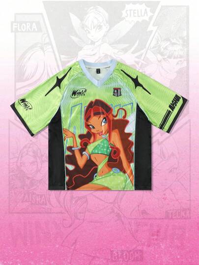 Winx Club X ROMWE Spring/Summer Casual Graphic Men'S Anime Colorblock Figure Graphic Mesh Sports Short Sleeve T-Shirt, Athletic Jersey