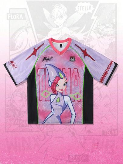 Winx Club X ROMWE Spring/Summer Casual Graphic Men'S Anime Jersey Contrast Mesh Short Sleeve Sports T-Shirt, Athletic Jersey, 2000S Style