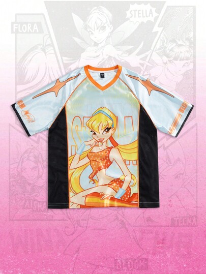 Winx Club X ROMWE Summer Carnival Casual Graphic Men'S Anime Jersey Colorblock V-Neck Cartoon Graphic Short Sleeve Casual T-Shirt