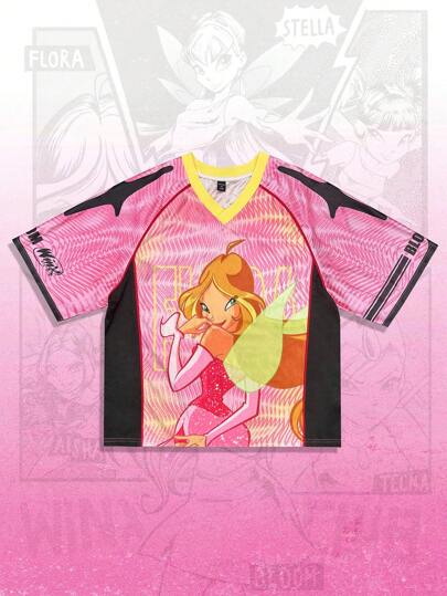 Winx Club X ROMWE Summer Casual Graphic Pink Men'S Anime Jersey Contrast Color Cartoon Figure Graphic Printed V-Neck Short Sleeve Polo Shirt